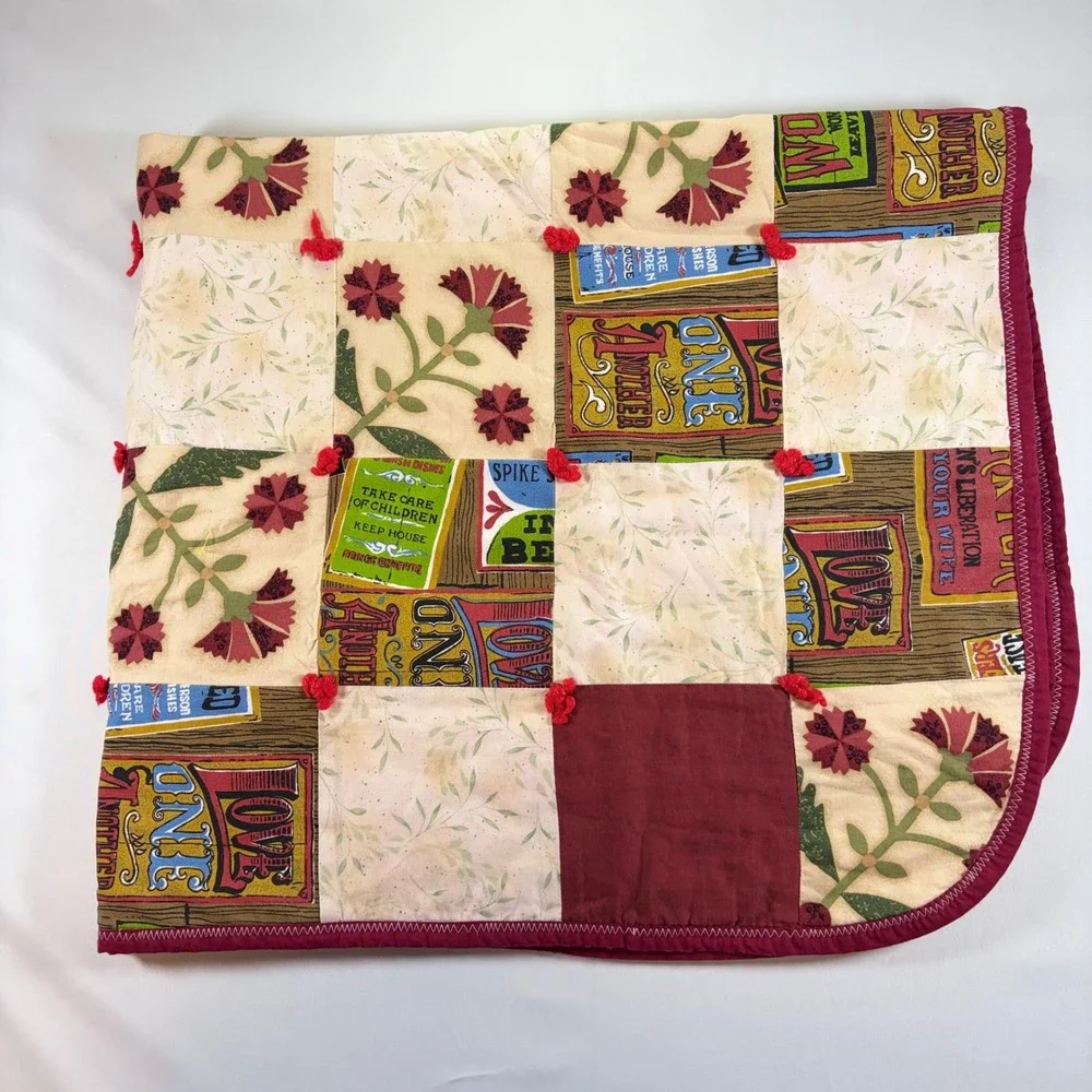 Handmade Vintage Style Patchwork Tied Quilt Floral Typography Lap Blanket 42x38